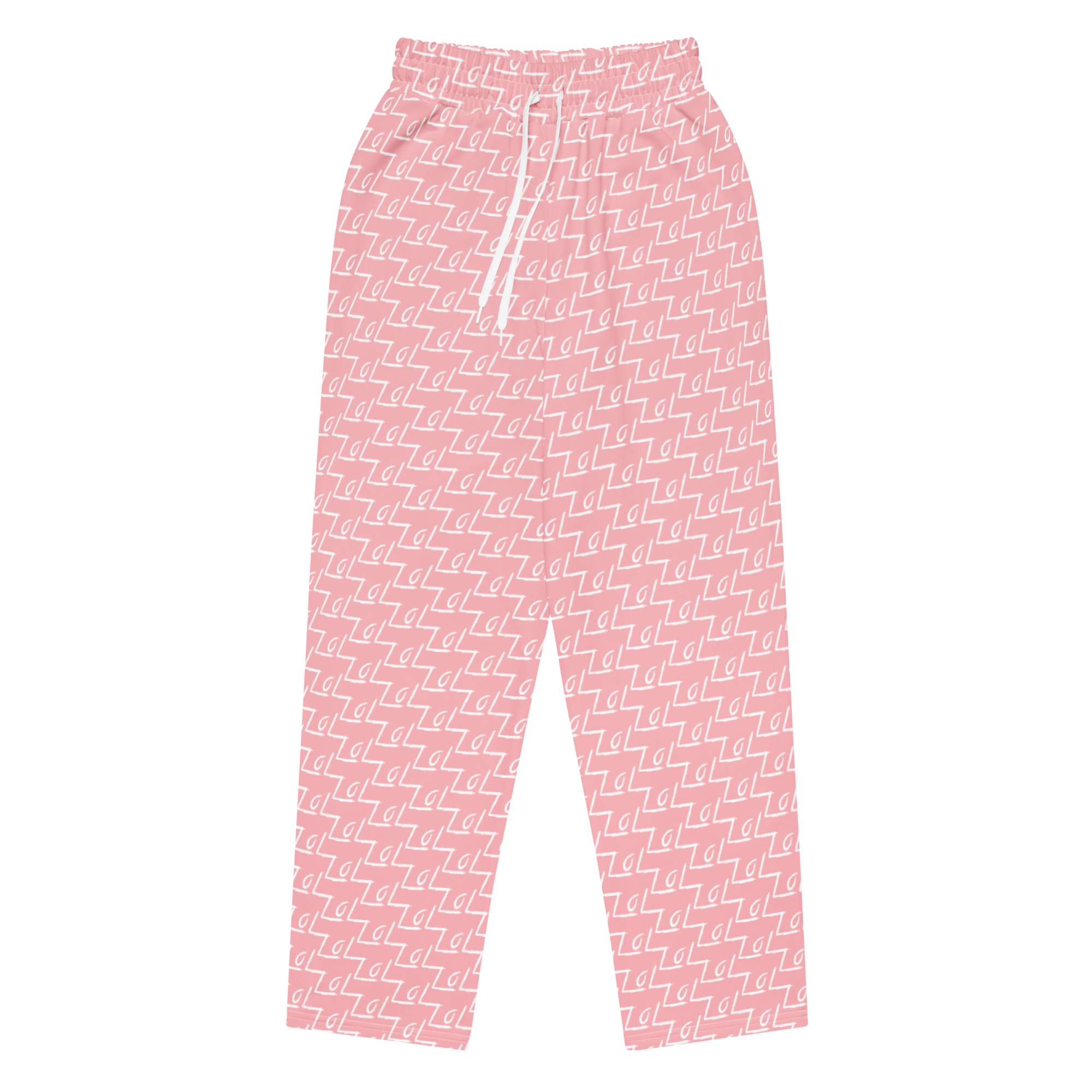 Front view of pink LoL sweatpants with all-over LoL logo print