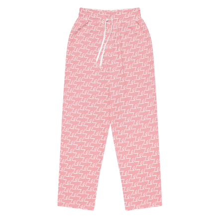 Front view of pink LoL sweatpants with all-over LoL logo print