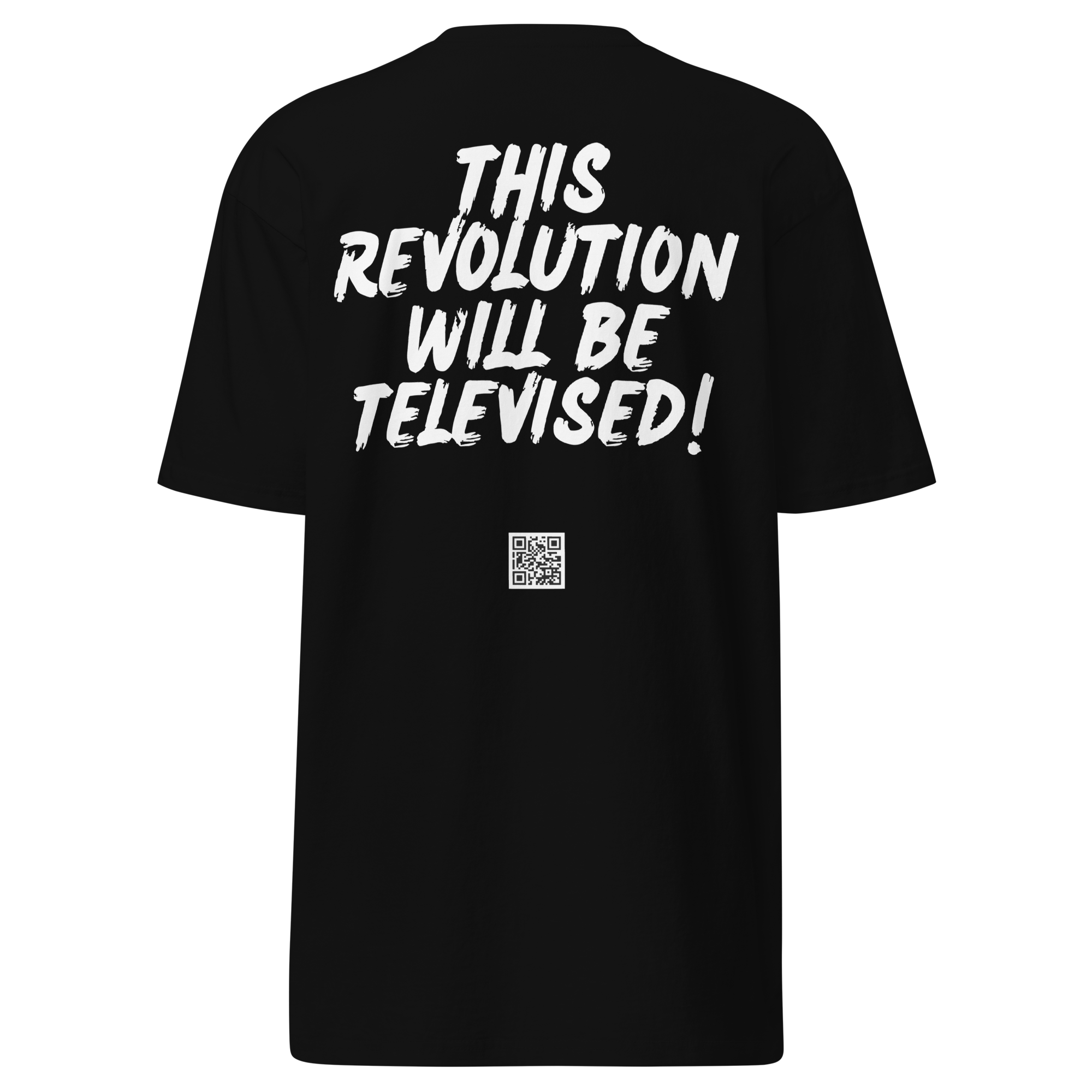 Back view of black LegendofLinc t-shirt with white LegendofLinc slogan design including QR Code