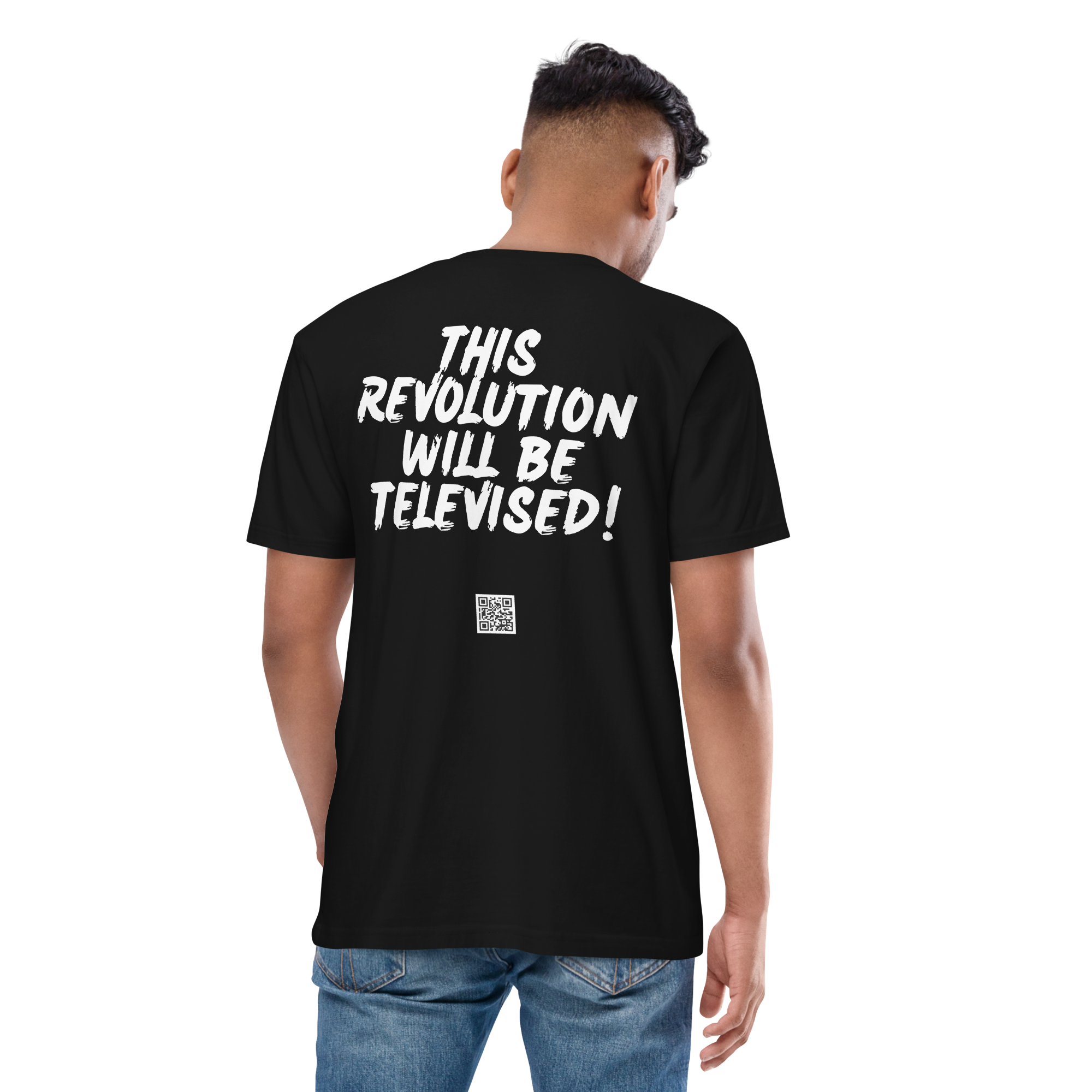 Back view of black LegendofLinc t-shirt with white LegendofLinc slogan design including QR code, image 2