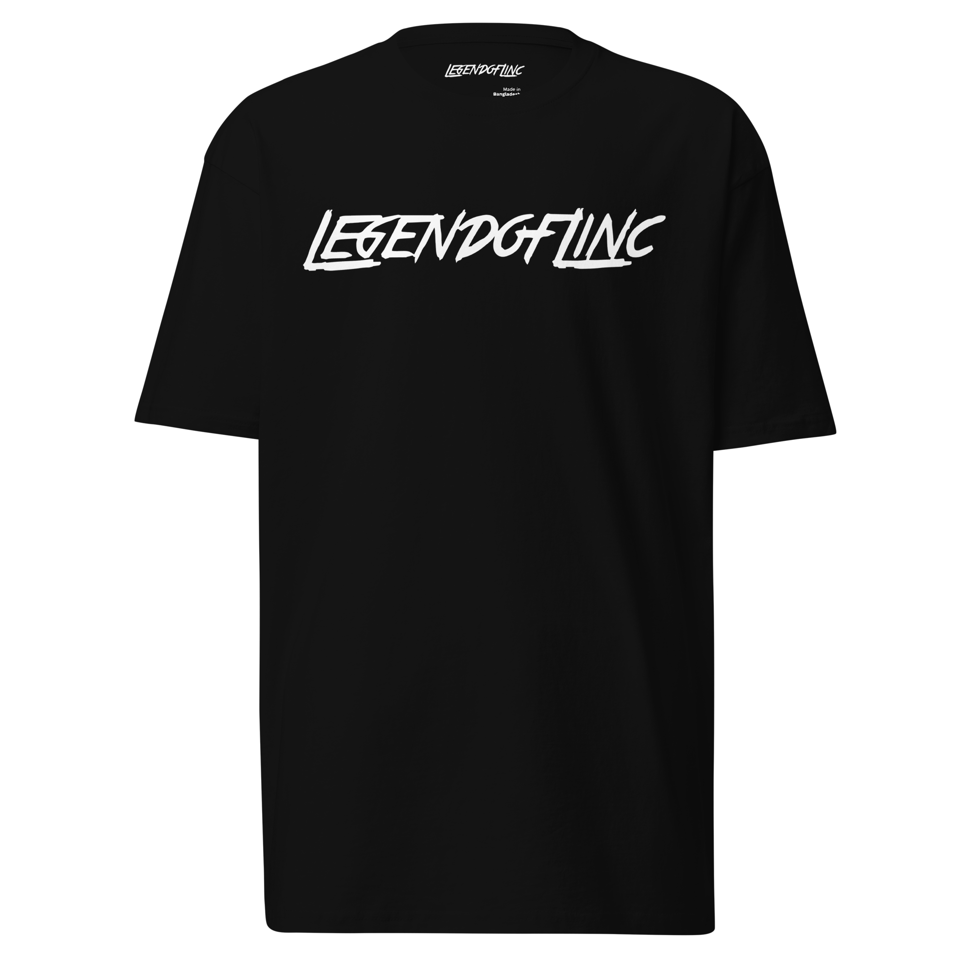 Front view of black LegendofLinc t-shirt with white LegendofLinc logo design