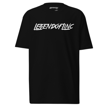 Front view of black LegendofLinc t-shirt with white LegendofLinc logo design