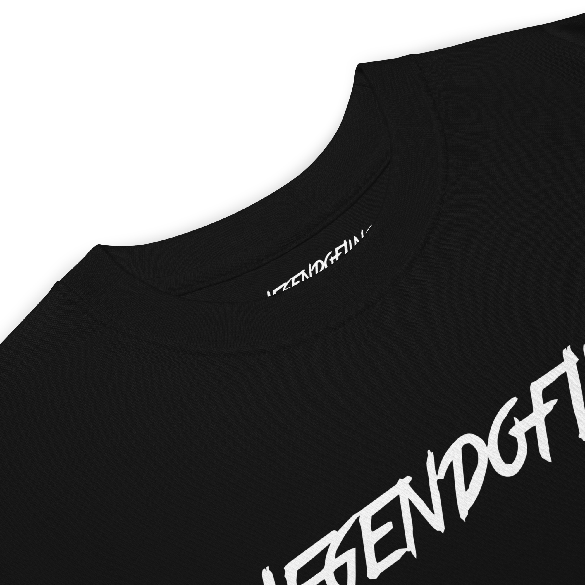 Close-up of black LegendofLinc t-shirt detail with white LegendofLinc logo design