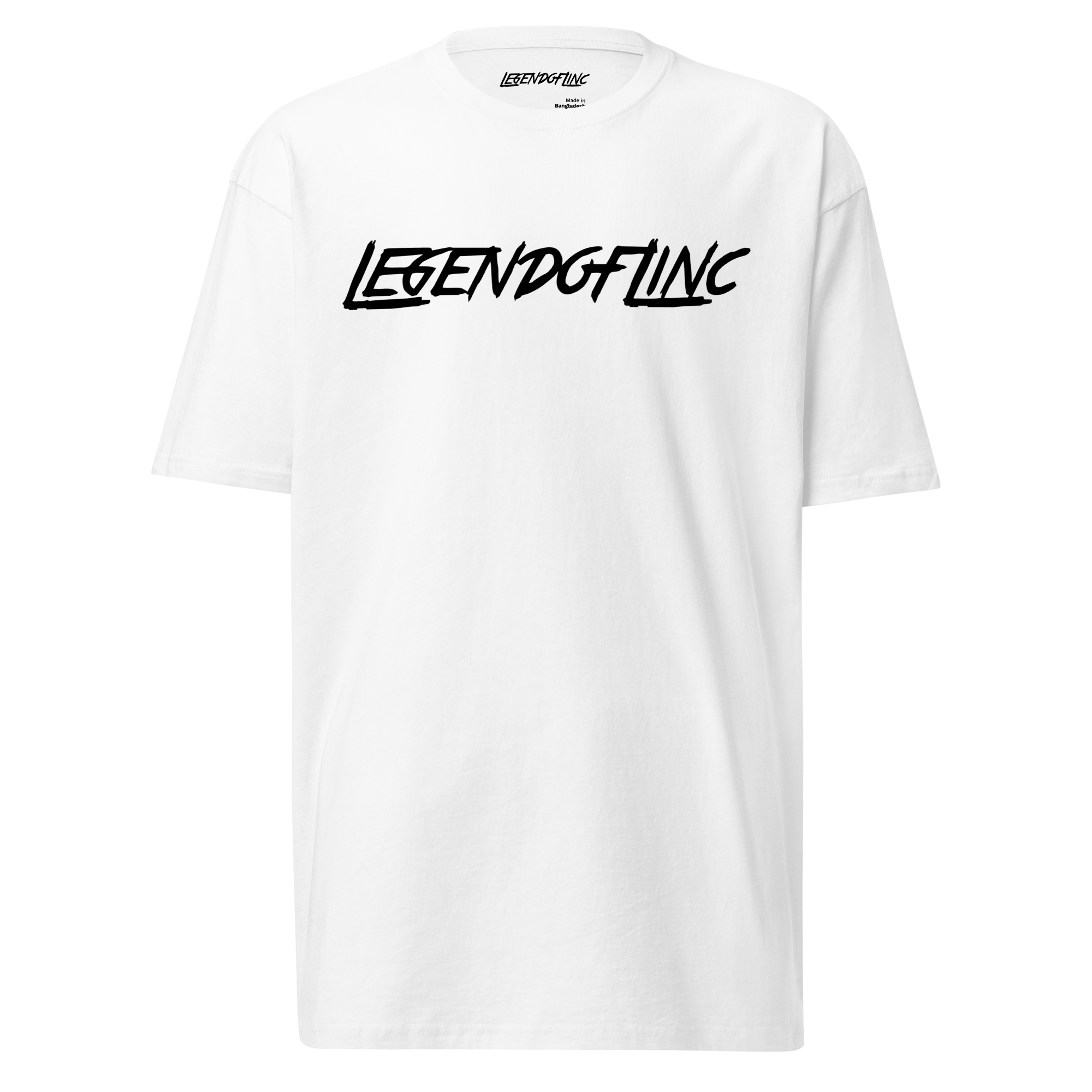 Front view of white LegendofLinc t-shirt with black LegendofLinc logo design