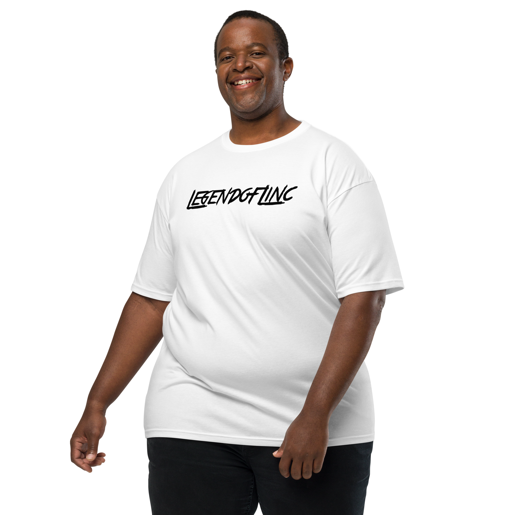 Front view of white LegendofLinc t-shirt with black LegendofLinc logo design, image 2
