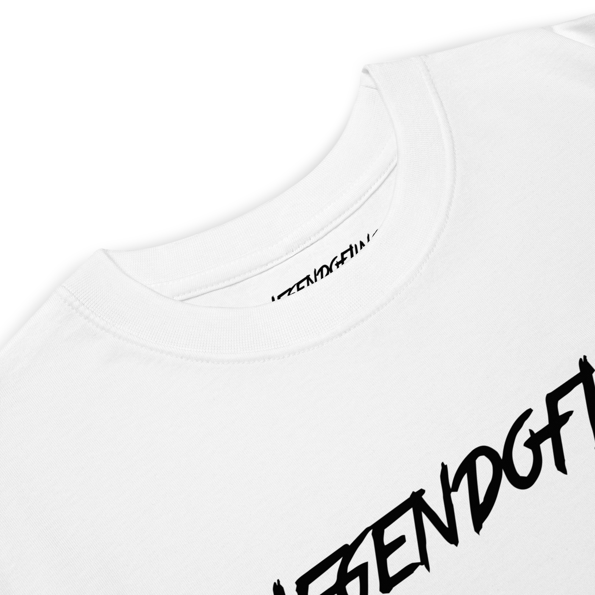 Close-up of white LegendofLinc t-shirt with black LegendofLinc logo design